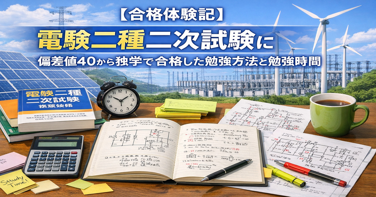 電験二種二次試験に偏差値40から独学で合格した勉強法と勉強時間を解説するアイキャッチ画像