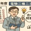 令和6年度の電験二種二次試験を講評する男性キャラクターのイラスト。試験用紙と合格スタンプ付き