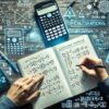 電験二種二次試験の勉強方法(計算編)をイメージした電卓、数式、ノートなどが描かれた近未来風デザイン