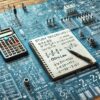 電験二種二次試験の計算問題対策のコツをイメージした電卓、ノート、電気回路基板を近未来風にしたデザイン