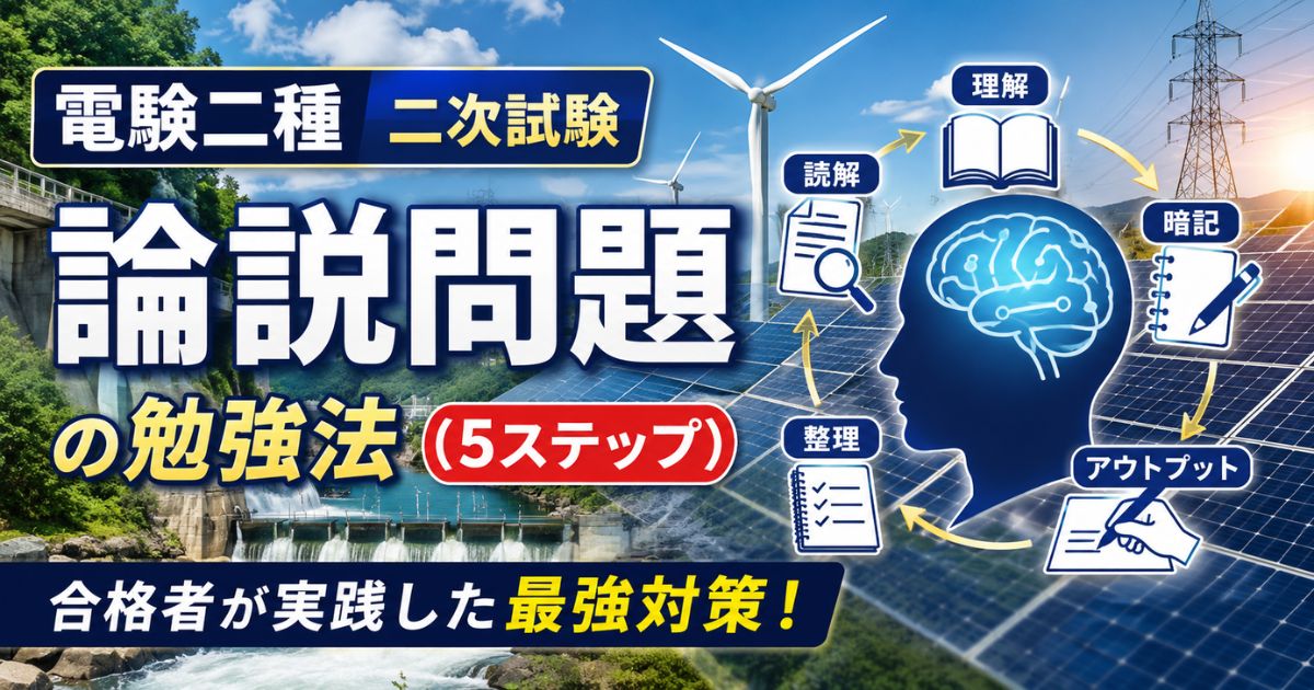 電験二種二次試験の論説問題の勉強法を5ステップで解説するイメージ。水力発電・風力発電・太陽光発電を背景に、読解・理解・暗記・アウトプット・実践の学習サイクルを脳のイラストで表現。