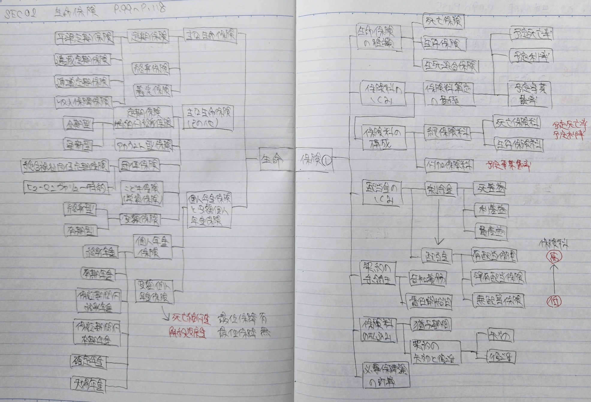 FP3級試験対策で作成した生命保険のマインドマップ。生命保険の種類や特徴を図解して知識を整理したノート。