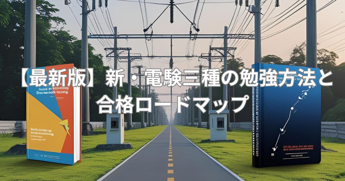 電験三種の勉強法と合格ロードマップを解説する記事のアイキャッチ画像。送電線と参考書のイラストを背景にしたビジュアル。