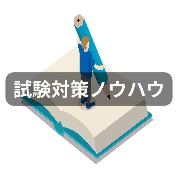 大きな鉛筆でノートに書き込む人物のイラスト。資格試験対策ノウハウカテゴリー用アイコン。