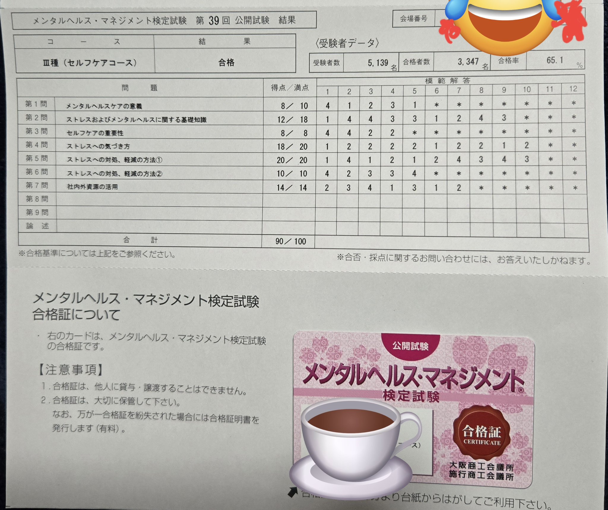 第39回（2025年11月実施）メンタルヘルスマネジメント検定Ⅲ種 合格通知