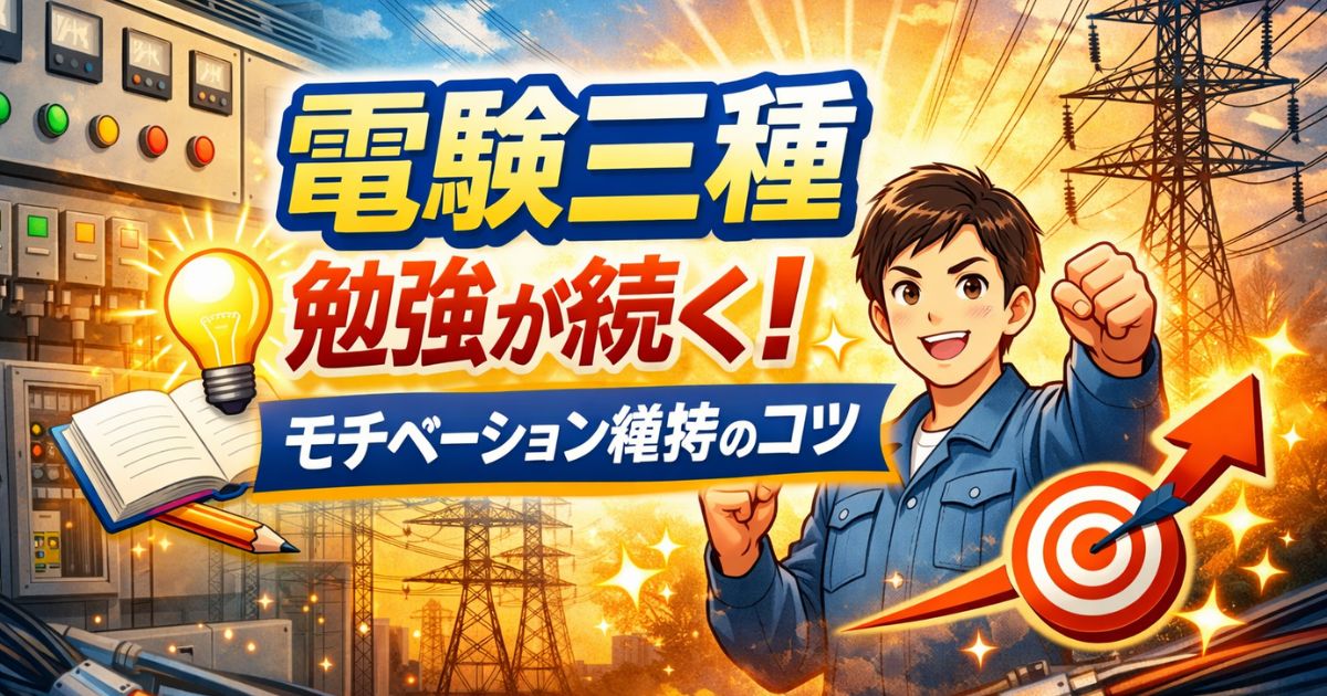 電験三種のモチベーション維持法をイメージしたアイキャッチ画像。配電盤や送電線を背景に、やる気や目標達成を表す人物とターゲットマークを配置。