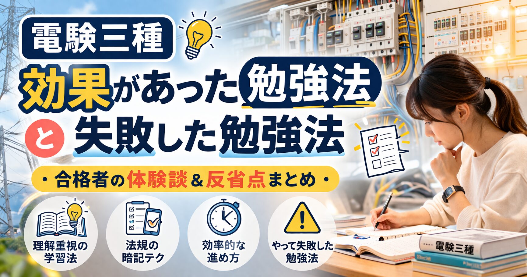 電験三種に効果があった勉強法と失敗した勉強法を解説するアイキャッチ画像。配電盤と電線を背景に、理解重視の学習法と反省点を表現。