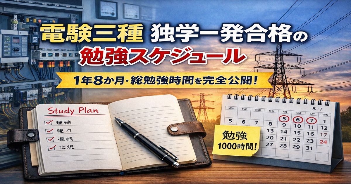 電験三種に独学で一発合格した1年8か月・総勉強時間1000時間の勉強スケジュールを表したアイキャッチ画像。配電盤・送電線・ノート・カレンダーを配置。